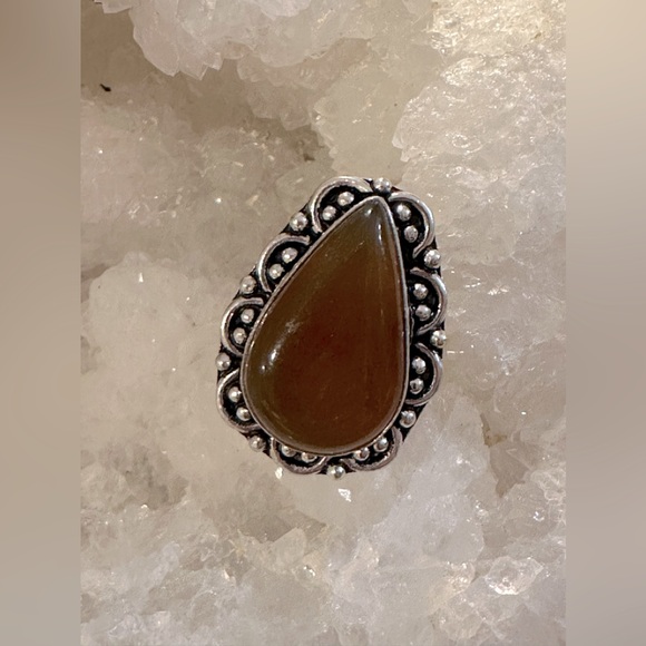 Natural Agate Teardrop Stone Silver Plated Ring - Picture 1 of 5